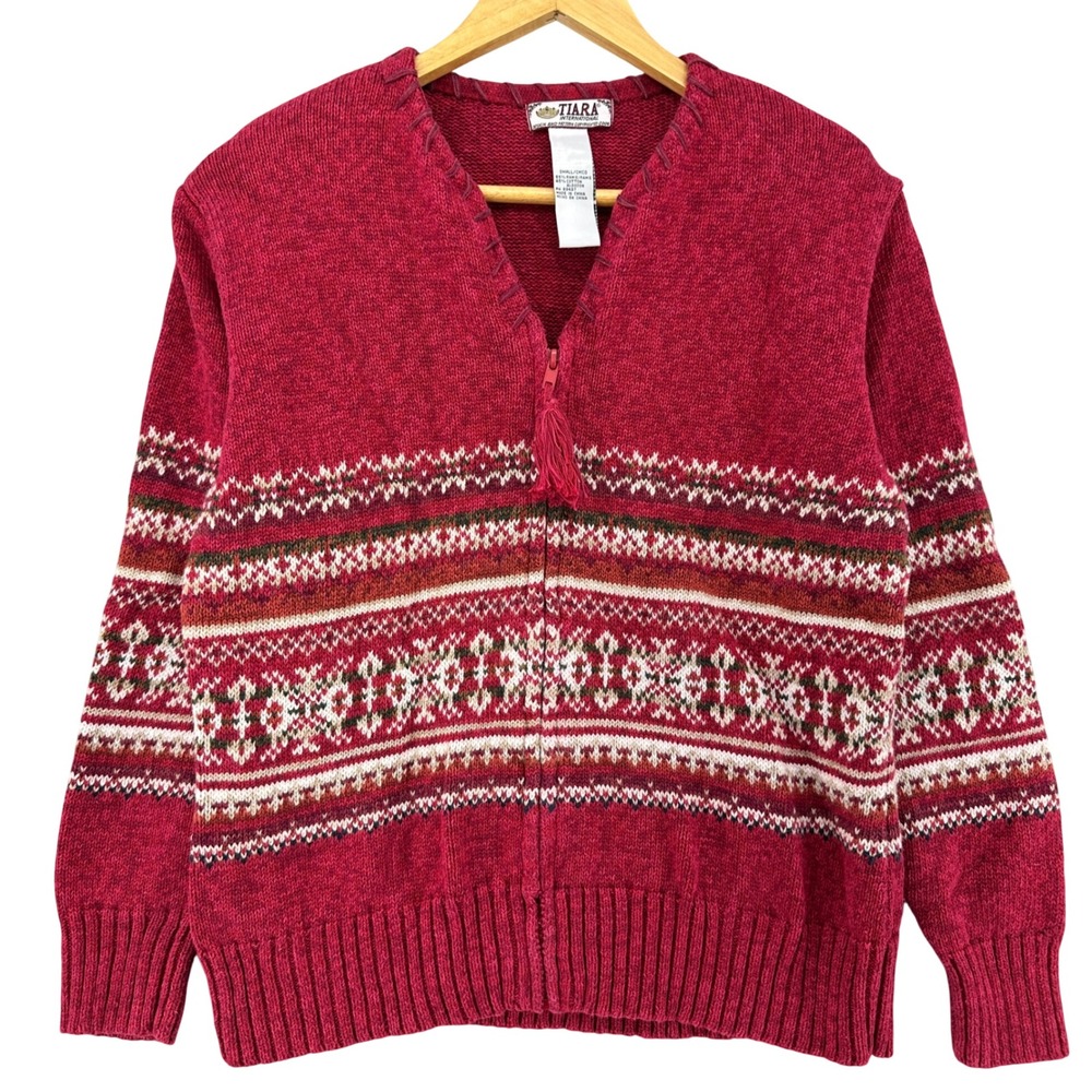 Tiara International 90s Red Fair Isle Snowflake Zip Up Cardigan Sweater Womens S